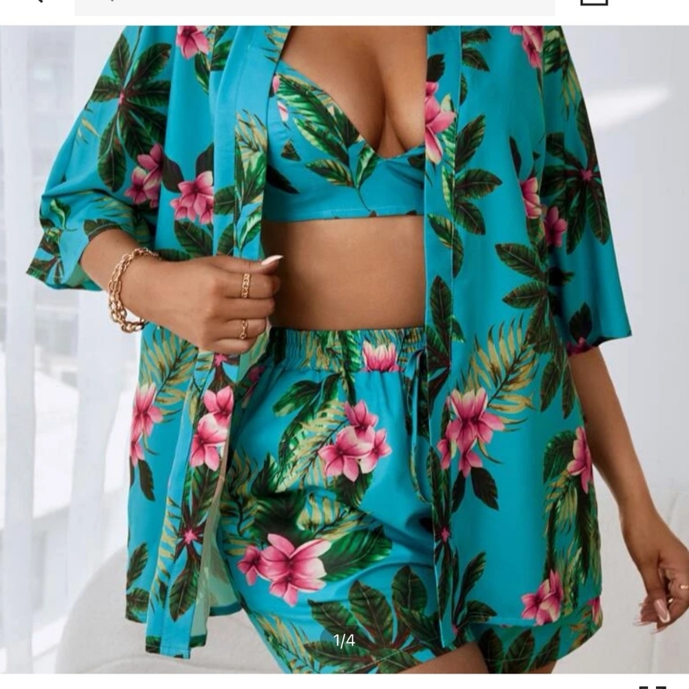 Tropical  print blouse and cami top and knot front shorts.